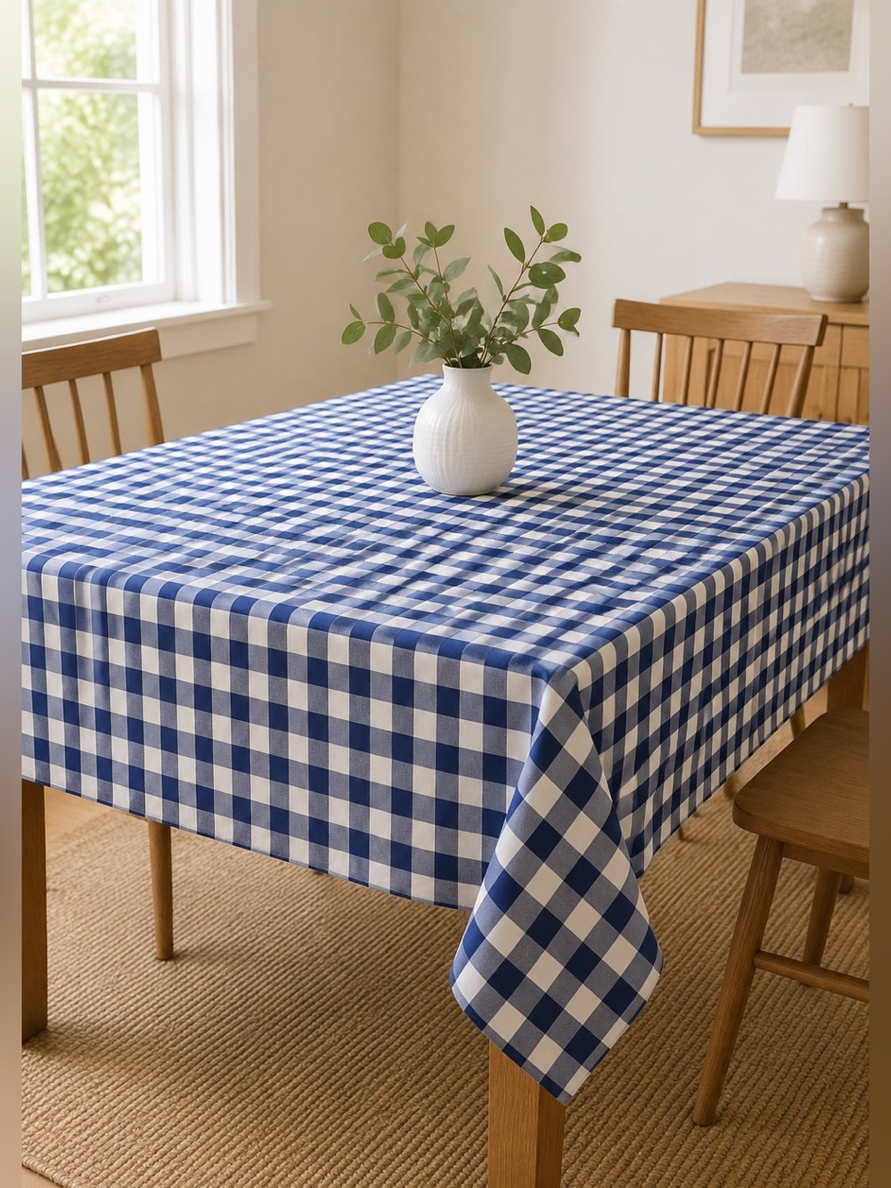Blue White Gingham Check Tablecloth 58x100 NWOT